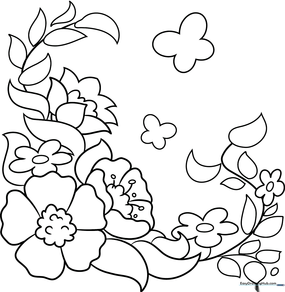 Black and white floral line art featuring stylized petals and leaves, designed for children to color with markers or crayons.