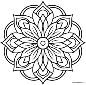 Intricate floral mandala pattern with bold outlines, designed for children to practice coloring within the lines and exploring color theory.