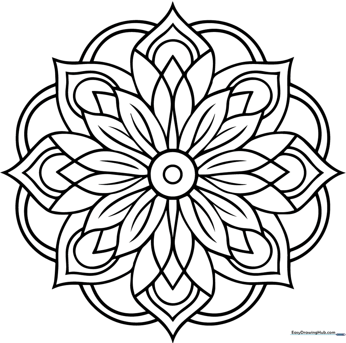 Intricate floral mandala pattern with bold outlines, designed for children to practice coloring within the lines and exploring color theory.