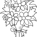 Black and white line art of a diverse flower bouquet featuring various petal shapes and leaves, ready for children to color.