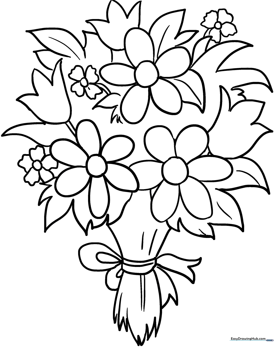 Black and white line art of a diverse flower bouquet featuring various petal shapes and leaves, ready for children to color.