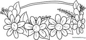 Black and white line art of a circular flower crown featuring various petal shapes and leaves, ready for children to color.