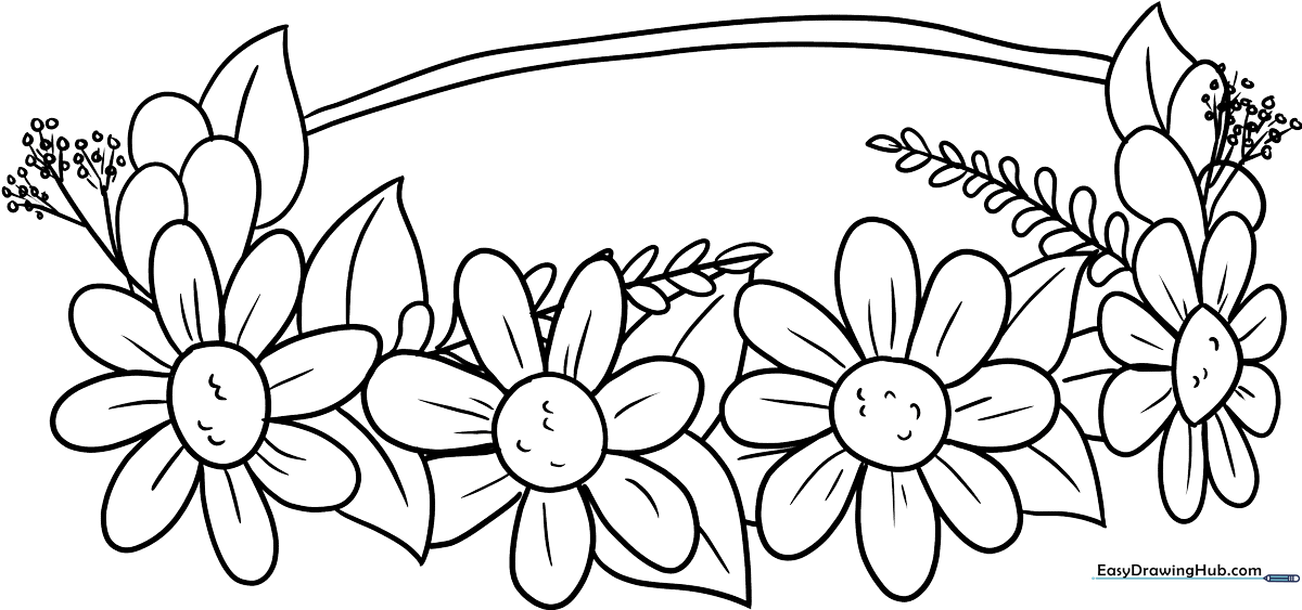 Black and white line art of a circular flower crown featuring various petal shapes and leaves, ready for children to color.