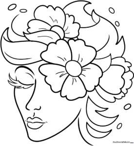 A friendly cartoon flower face with large petals and a smiling expression, designed as a clean line-art coloring page for children.
