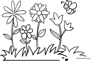 Black and white line art of a flower garden featuring various blossoms, leaves, and stems, ready for children to color.