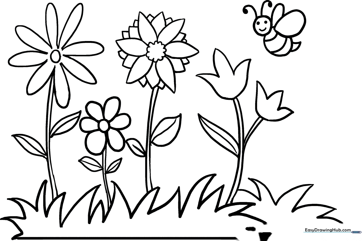 Black and white line art of a flower garden featuring various blossoms, leaves, and stems, ready for children to color.