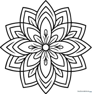 A symmetrical flower mandala coloring sheet featuring intricate petal layers and circular patterns, designed for children to practice steady coloring and color theory.
