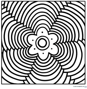 Black and white zentangle flower line art featuring complex geometric patterns within petals, designed for mindful coloring practice.