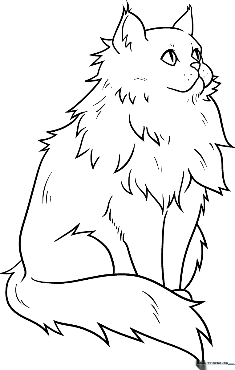Line art illustration of a fluffy Persian cat with long, flowing fur, sitting in a relaxed pose, ready for children to color.