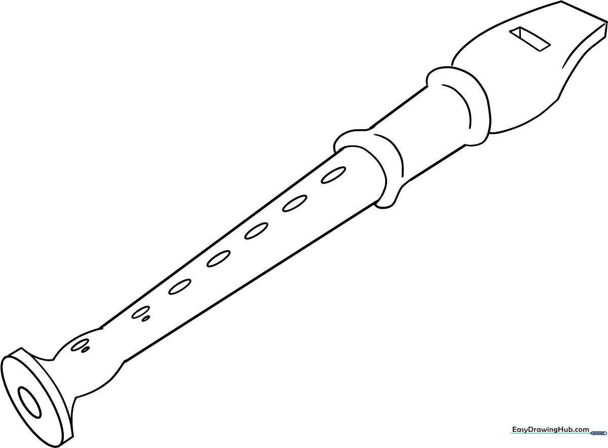 Simple line art of a flute with clear keys, designed for children to color and practice fine motor skills.