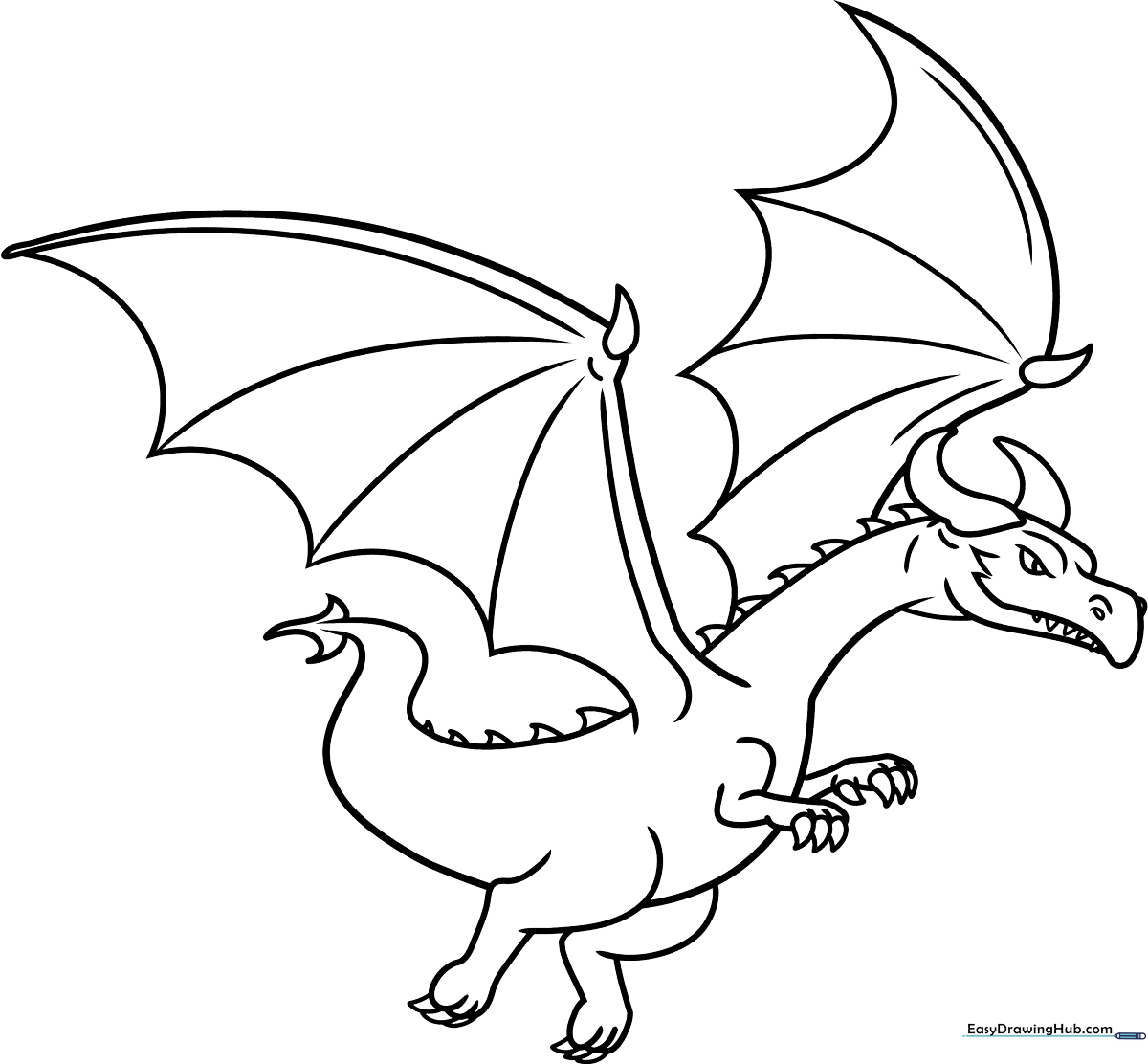 Black and white line art of a friendly flying dragon with large wings and a long tail, designed for children to color.