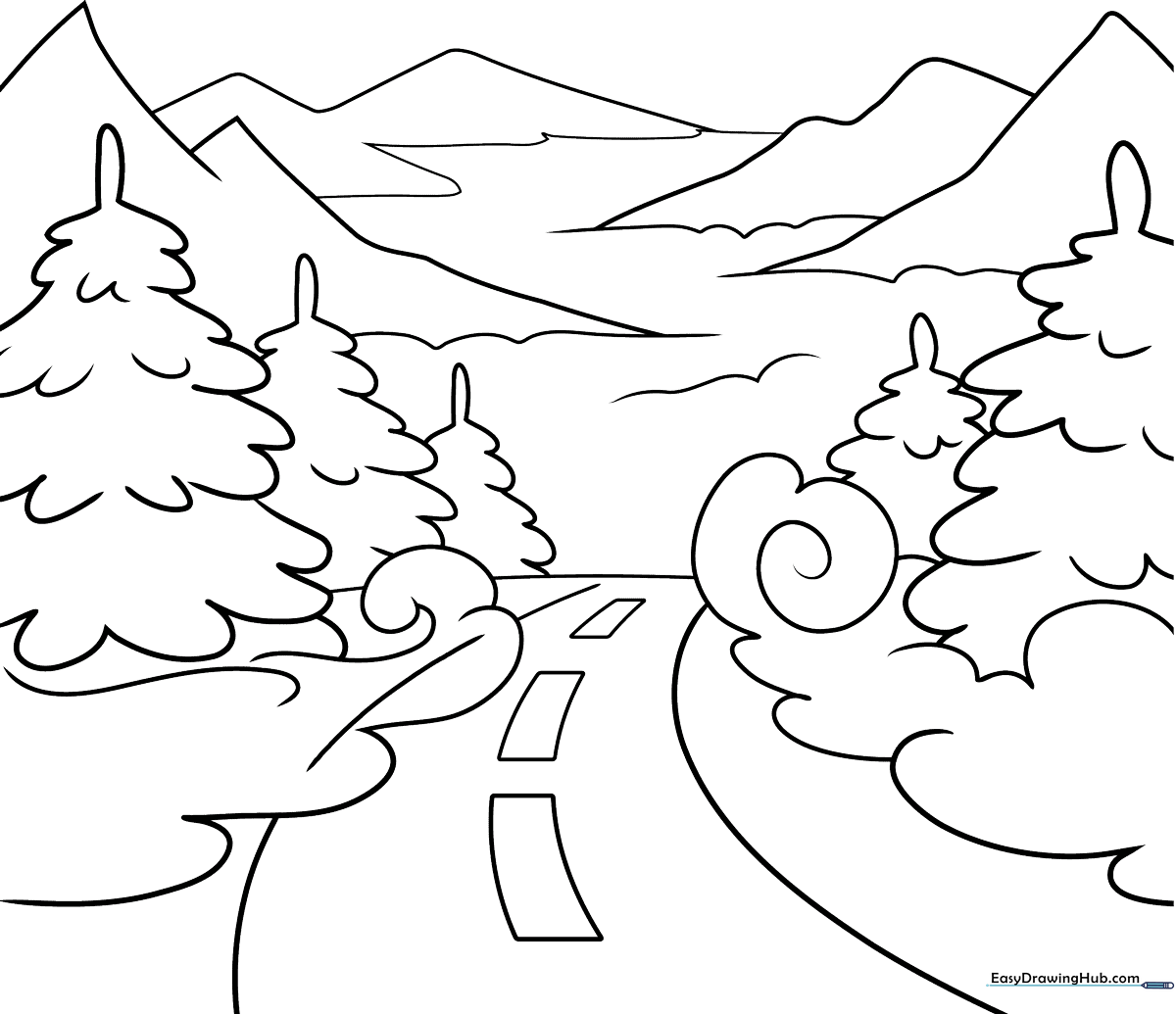 A clean, black-and-white line art illustration of a swirling fog bank, featuring soft, rounded cloud-like shapes suitable for children's coloring activities.