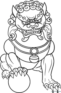 Black and white line art of a stylized Foo Dog with ornate features, designed for children to color with markers or crayons.