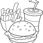 A clean, black-and-white line art illustration of various food items for children to color, featuring bold outlines for easy coloring practice.