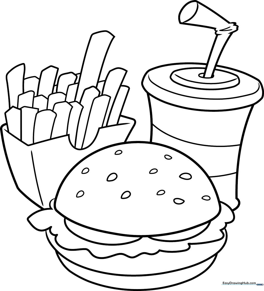 A clean, black-and-white line art illustration of various food items for children to color, featuring bold outlines for easy coloring practice.