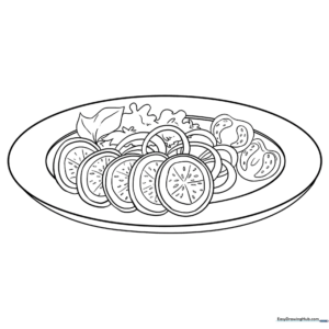 Printable coloring page featuring a bowl of fresh salad with lettuce, tomatoes, and cucumbers for kids