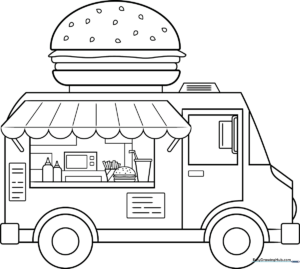 Black and white line art of a cartoon food truck with a large serving window, menu board, and rounded wheels, ready for coloring.