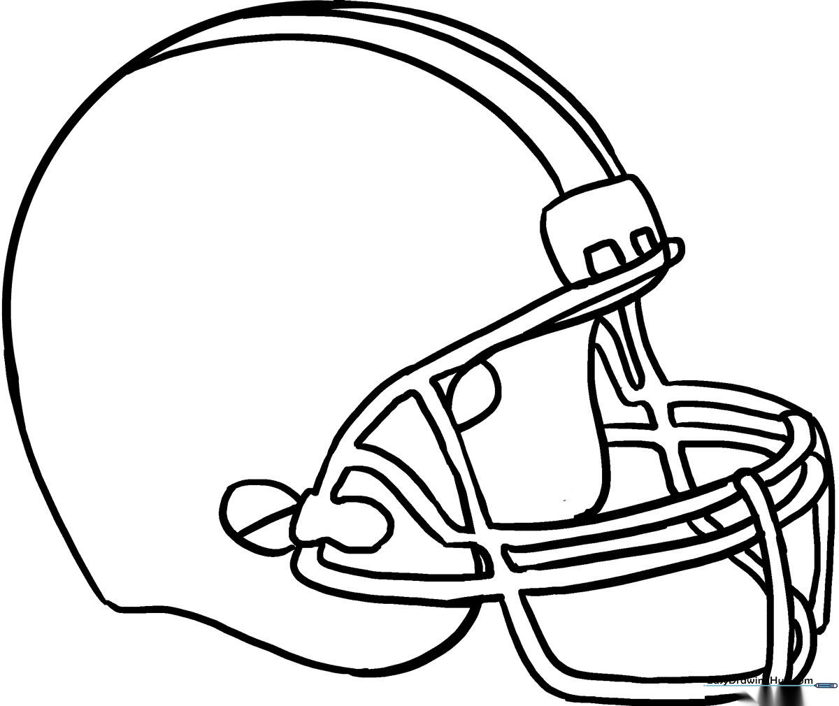 Black and white line art of a football helmet with a protective face mask, ready for coloring.