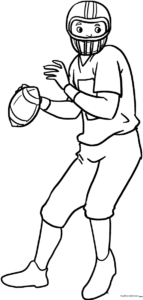 Line art illustration of a football player in a ready stance, featuring clear outlines for coloring, suitable for children's art projects.
