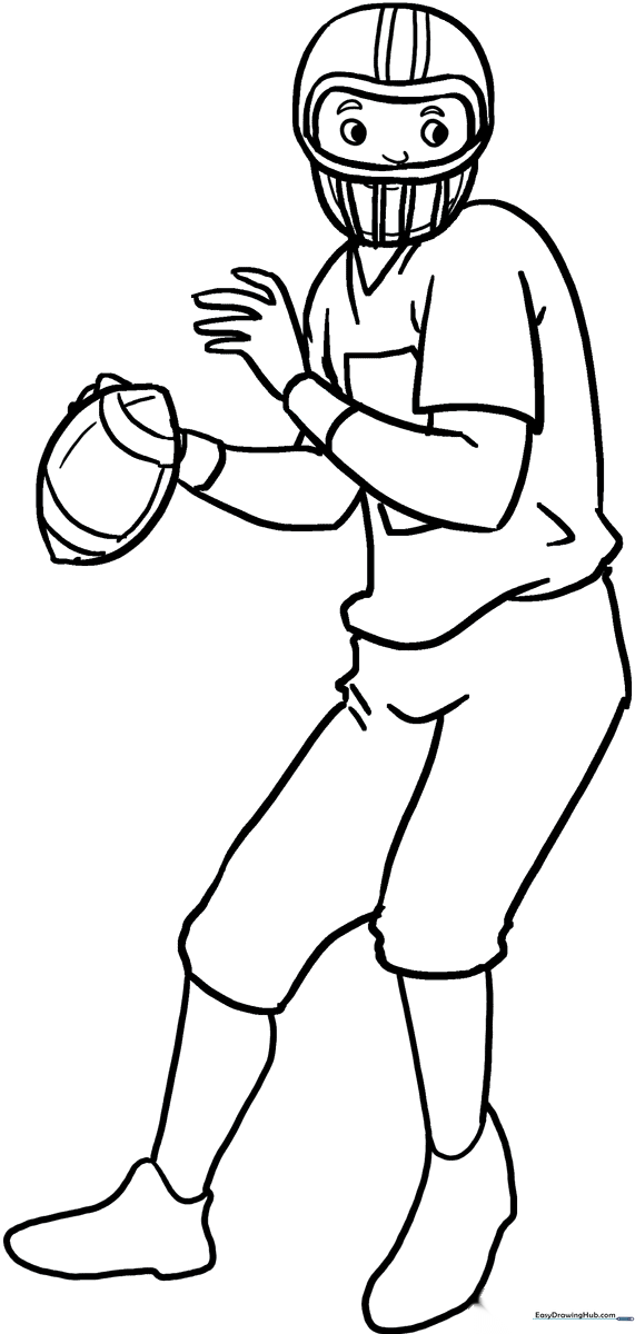 Line art illustration of a football player in a ready stance, featuring clear outlines for coloring, suitable for children's art projects.