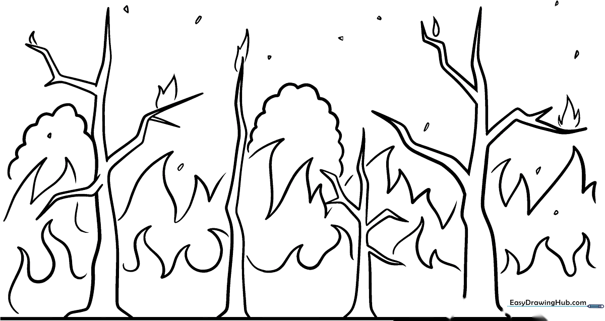 Black and white line art of a forest fire with stylized flames and trees, designed for children to color.