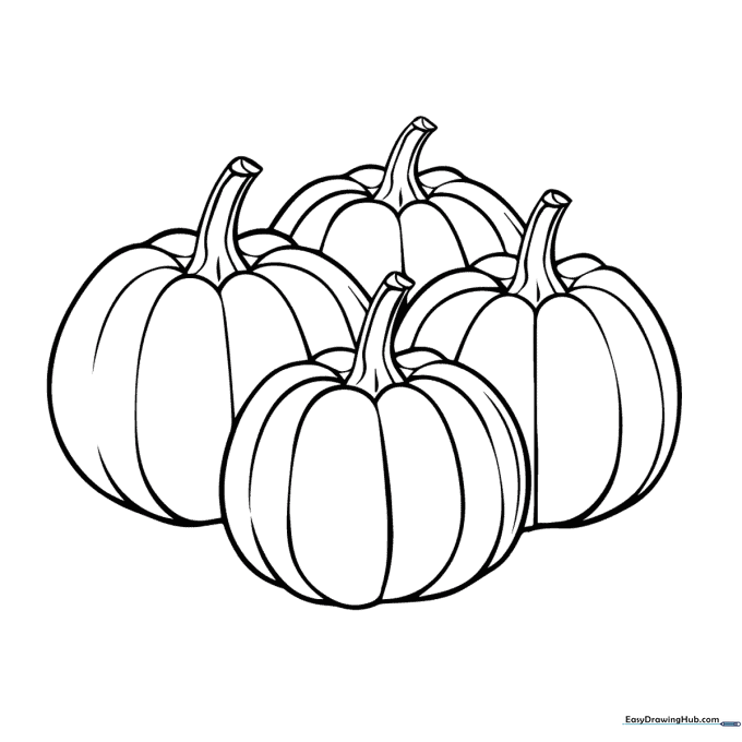 Black and white line art of four distinct pumpkins of varying sizes, featuring stems and leaf details, ready for children to color.