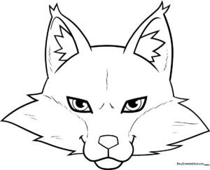 A clean, black-and-white line art illustration of a friendly fox face with large, expressive eyes and pointed ears, designed for children to color.