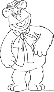 Black and white line art of Fozzie Bear wearing his signature hat and polka-dot necktie, ready for children to color.