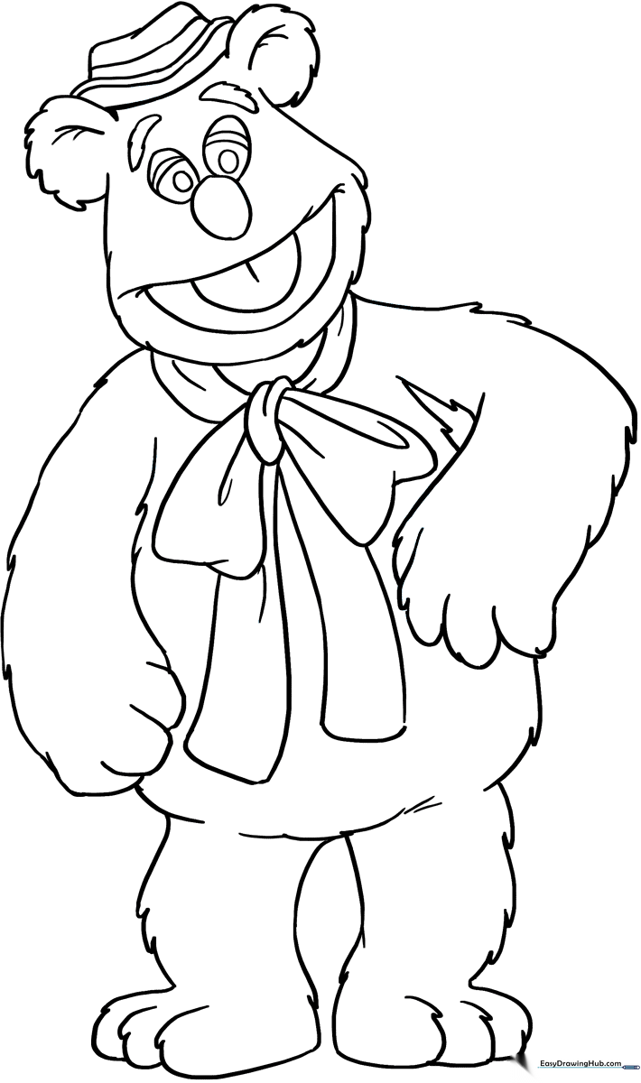Black and white line art of Fozzie Bear wearing his signature hat and polka-dot necktie, ready for children to color.