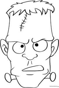 Black and white line art of Frankenstein's Monster with bold outlines, perfect for children to color with crayons or markers.