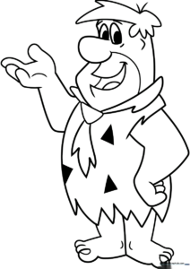 Black and white line art of Fred Flintstone standing with a cheerful expression, ready for coloring with crayons or markers.