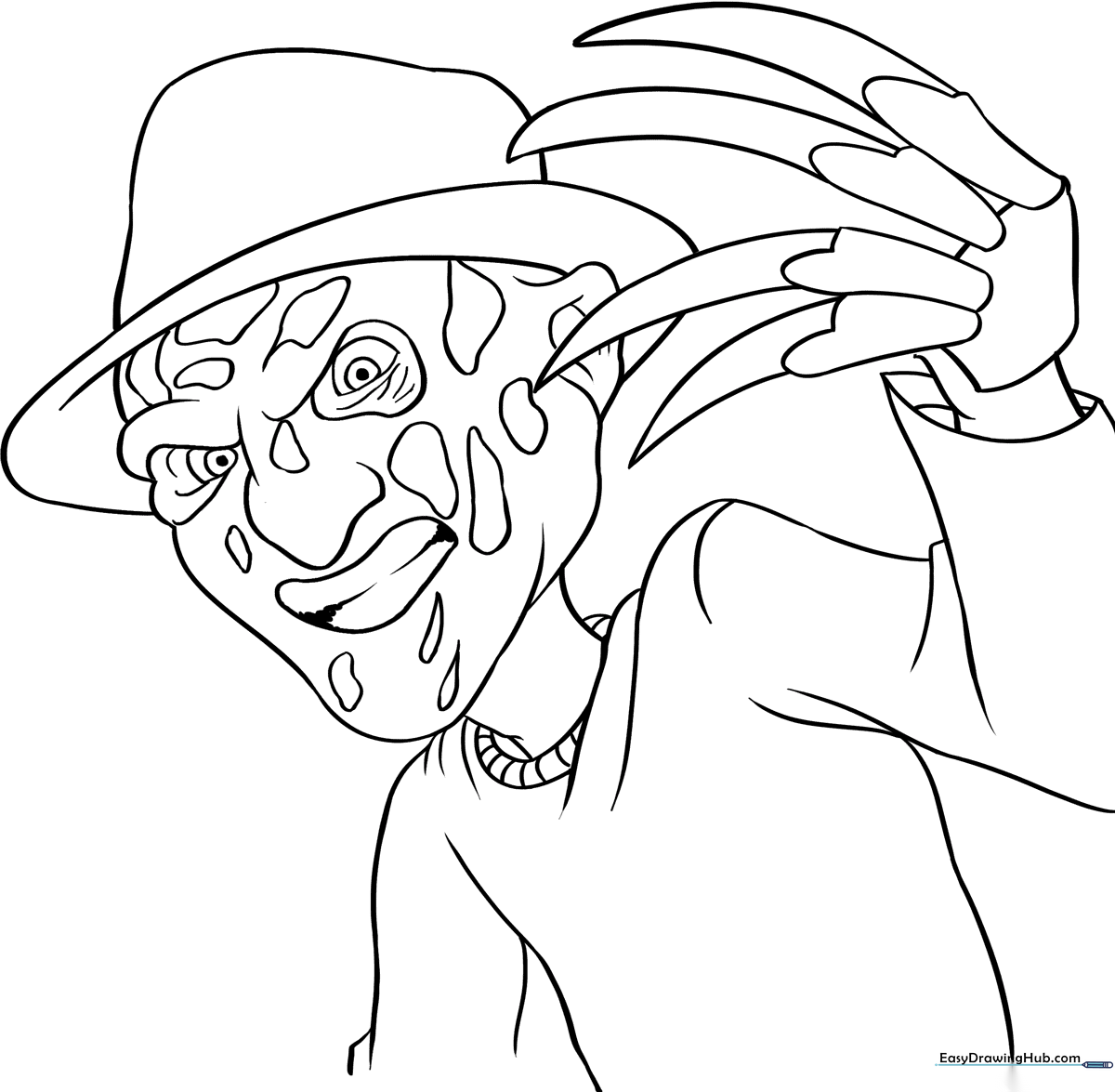 Detailed line art of Freddy Krueger wearing his fedora and striped sweater, ready for coloring.