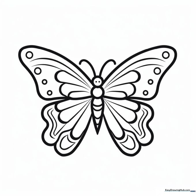 A clean, bold-lined butterfly illustration on a white background, designed for children to color with markers or crayons.