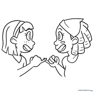 Two friends standing together, line art coloring page for children