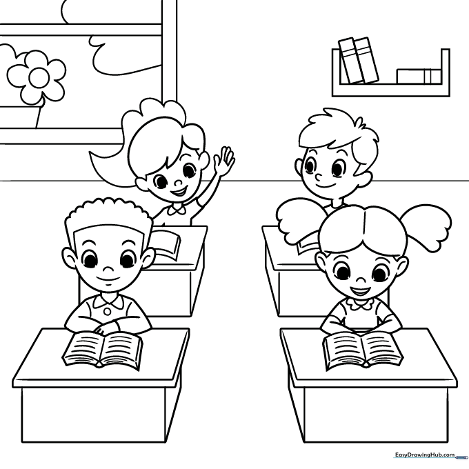 Kids in Classroom Cartoon Coloring Sheet