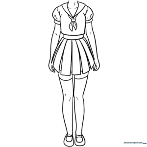 Line art of an anime school girl uniform with pleated skirt and collared shirt