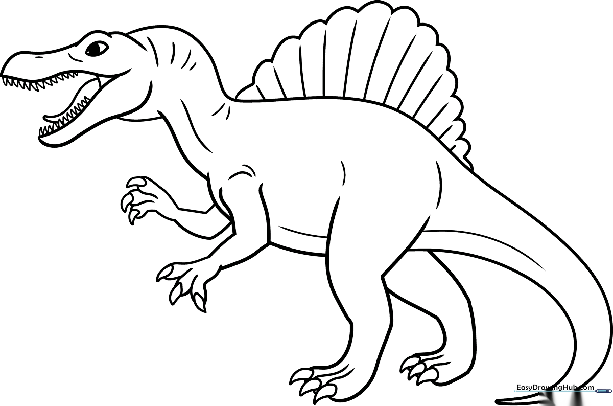 Black and white line art of a Spinosaurus with a large sail, ready for children to color with markers or crayons.