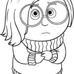 A printable coloring page featuring a character expressing sadness with large, expressive eyes and slumped posture, ideal for teaching emotional recognition.