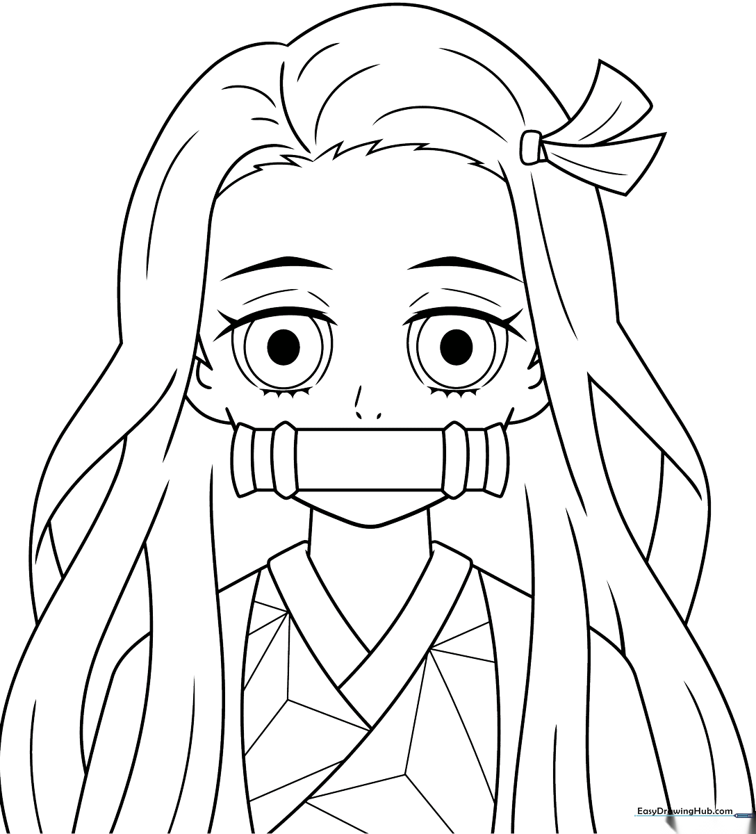 Detailed line art of Nezuko Kamado from Demon Slayer, featuring her signature bamboo mouth guard and flowing hair, ready for coloring.