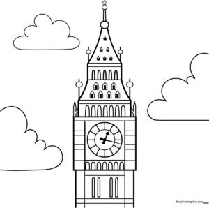 Detailed coloring page of London's Big Ben clock tower with clear outlines for easy coloring practice.