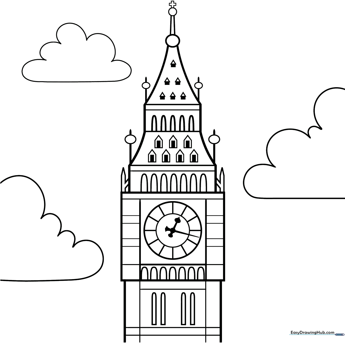 Detailed coloring page of London's Big Ben clock tower with clear outlines for easy coloring practice.