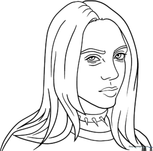 Printable coloring page of Billie Eilish featuring her signature style and spiked collar, designed for kids to practice shading and color blending.