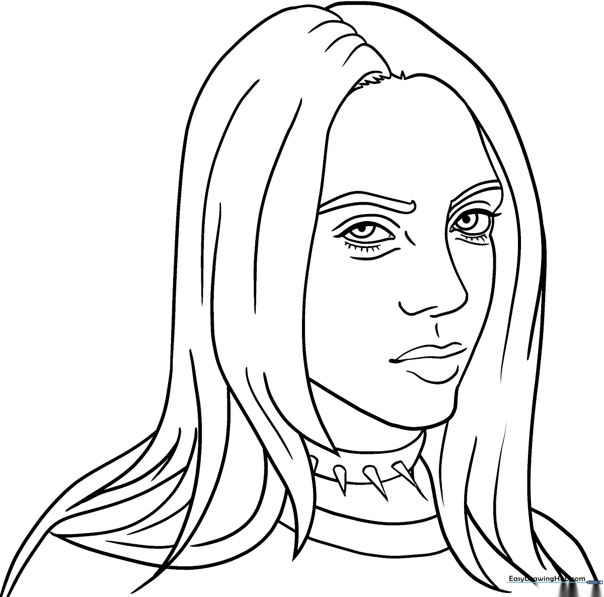 Printable coloring page of Billie Eilish featuring her signature style and spiked collar, designed for kids to practice shading and color blending.