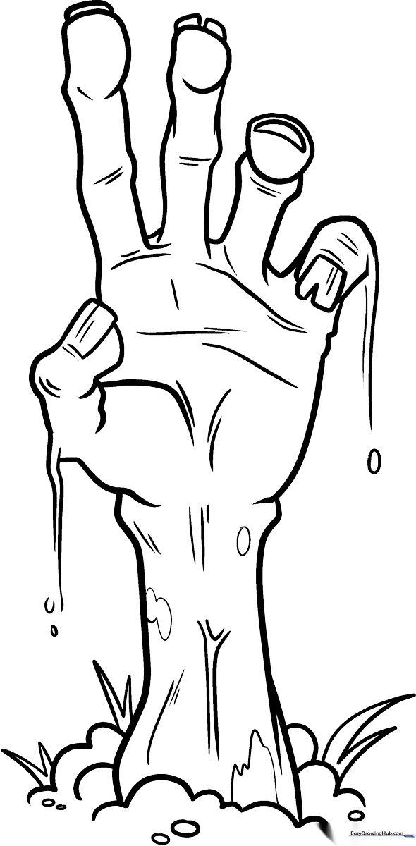 A cartoon zombie hand emerging from the soil, featuring jagged fingernails and cracked skin textures, ideal for Halloween-themed coloring practice.