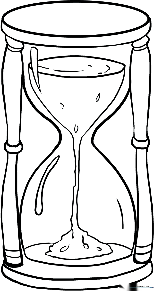 A printable hourglass coloring page featuring clear glass bulbs and sand, perfect for teaching children about time and measurement.