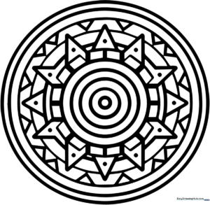 Black and white geometric mandala pattern with clear, bold lines designed for children to color.