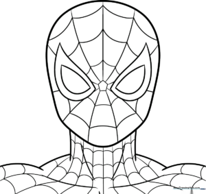 A detailed line-art coloring page of Spider-Man in a dynamic crouch, featuring clean outlines for easy coloring by children.