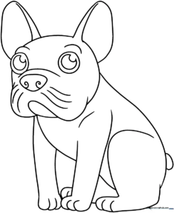 Black and white line art of a cute French Bulldog with large bat-like ears, perfect for children to color with markers or crayons.
