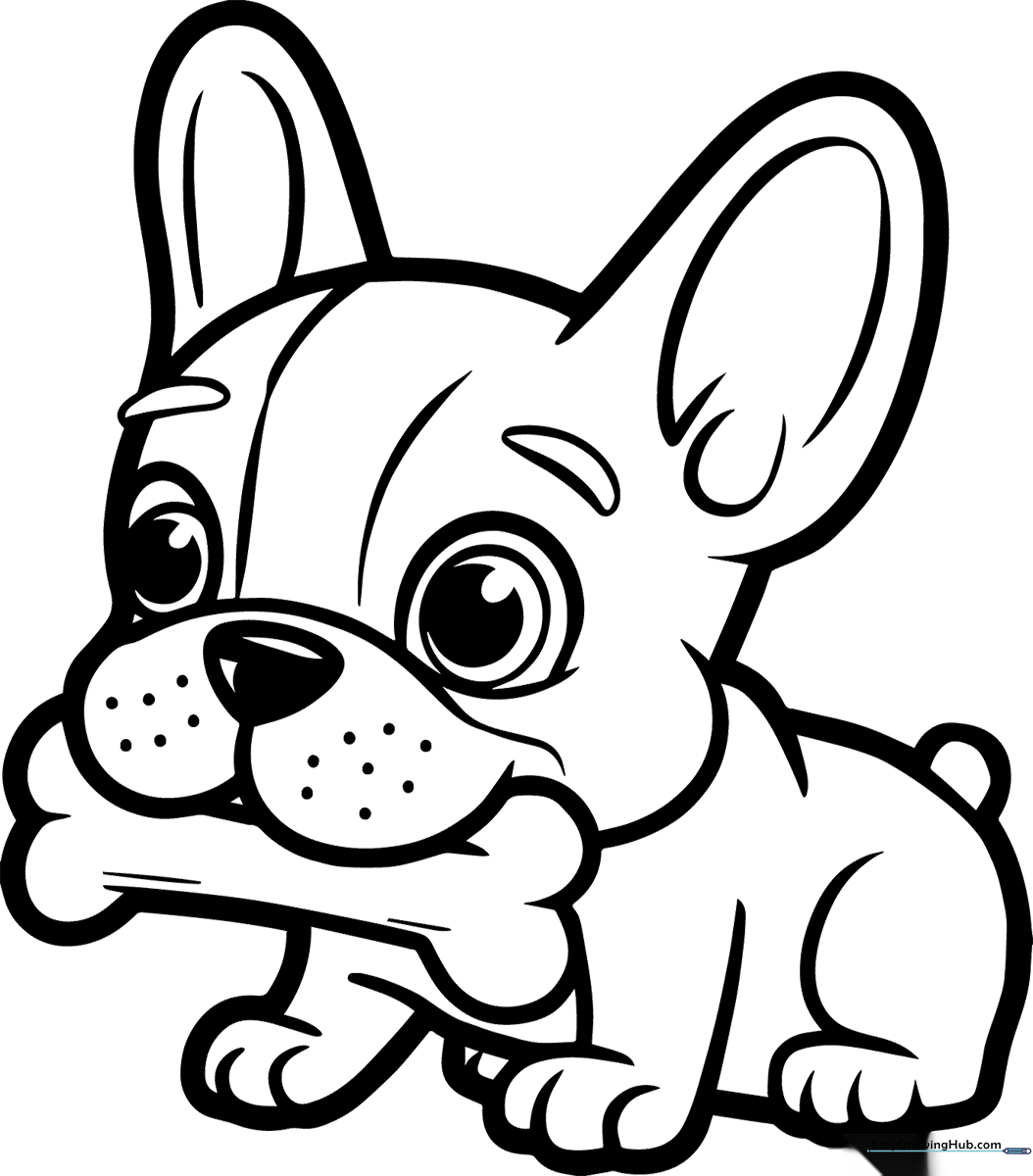 Line art illustration of a cute French Bulldog puppy with large ears sitting down and happily chewing on a bone, ready for coloring.