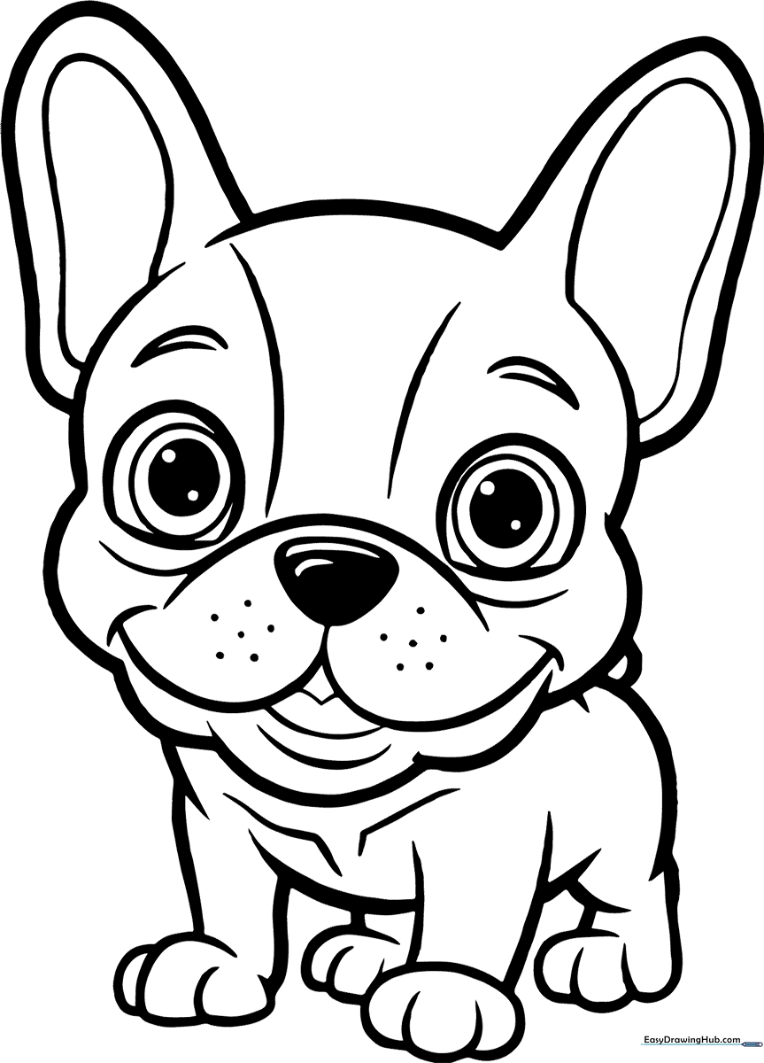 A clean line-art illustration of a curious French Bulldog puppy with large ears and a friendly expression, designed for children to color.